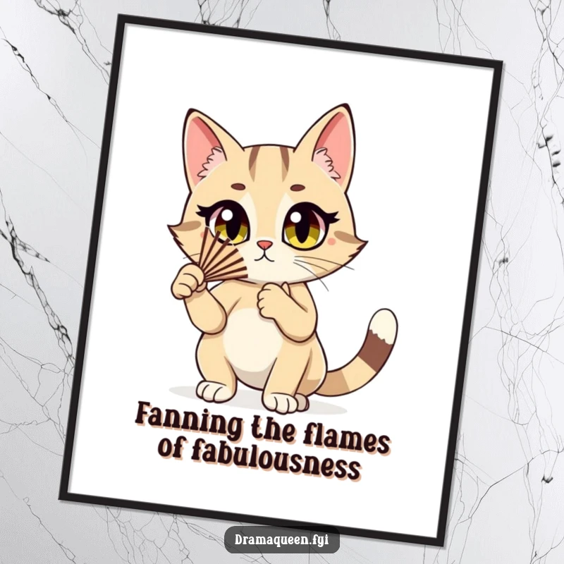 Funny Free Printable Wall Art: A stylish cat dramatically flutters a fan, her wide, expressive eyes owning the scene.