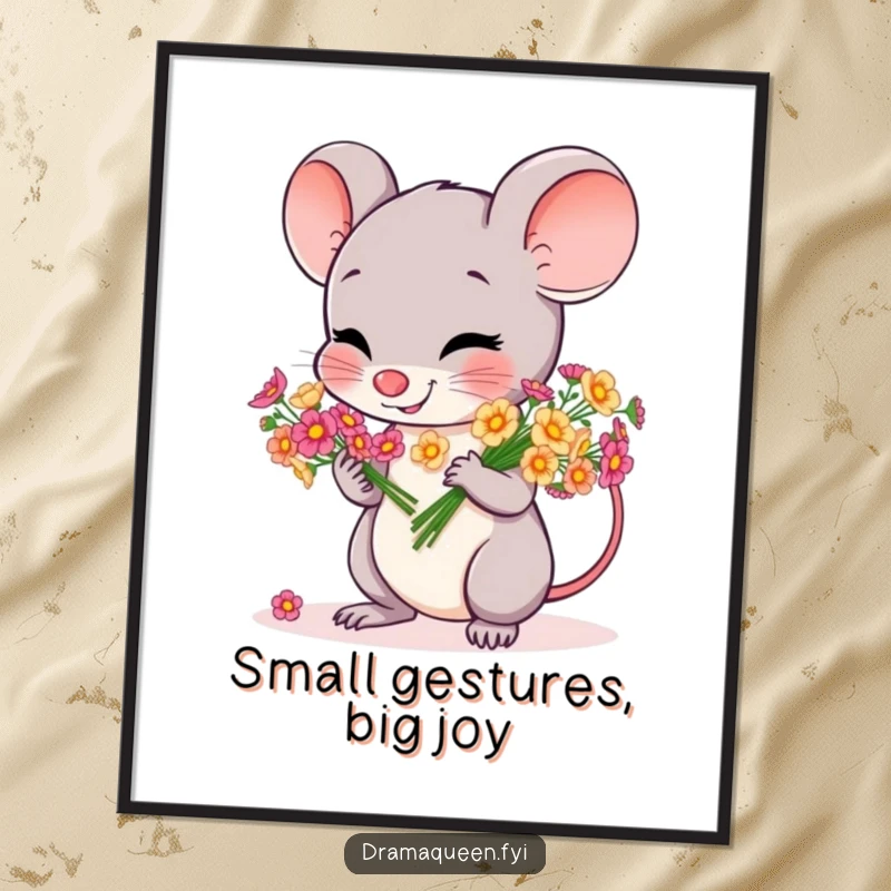 Funny Free Printable Mouse Flower Art: A cheerful mouse bows gracefully with a vibrant bouquet of tiny flowers. Charming downloadable art.