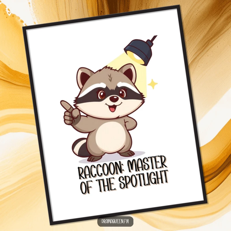 Funny free printable wall art of a mischievous raccoon pointing to a spotlight overhead, creating a humorous downloadable art piece.