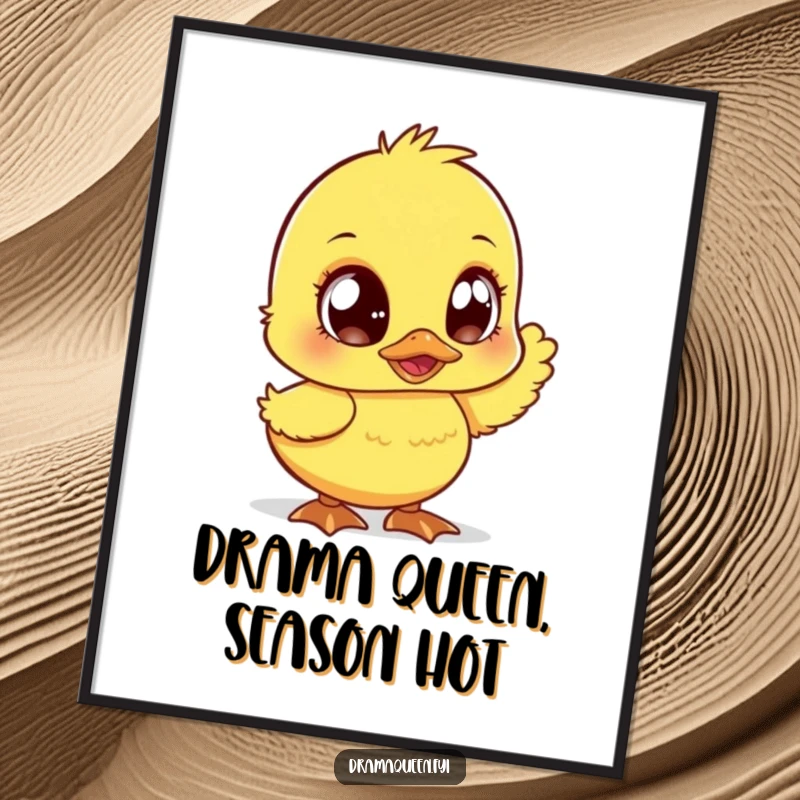 Funny Free Printable Wall Art A cute duckling with large sparkly eyes fans itself dramatically, adding humor to home decor.
