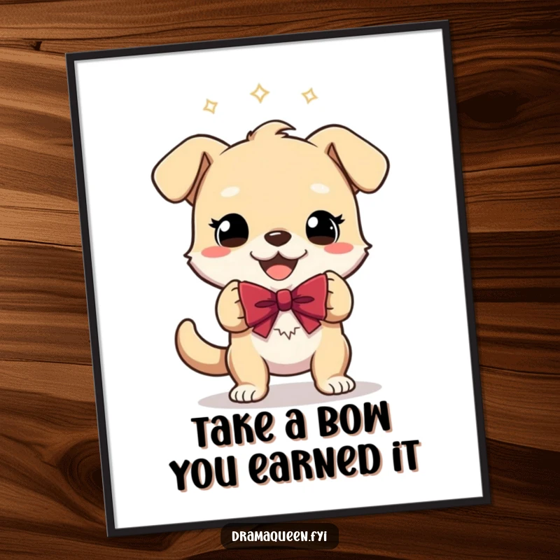 Funny Free Printable Wall Art: A joyful dog performing an exaggerated theatrical bow, radiating happiness and charm. A delightful decoration.