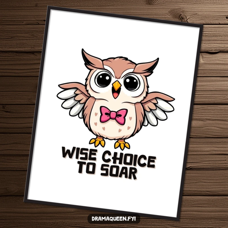 Funny Free Printable Wall Art: A triumphant owl wearing a bowtie hoots loudly with wings outstretched, looking sharp.