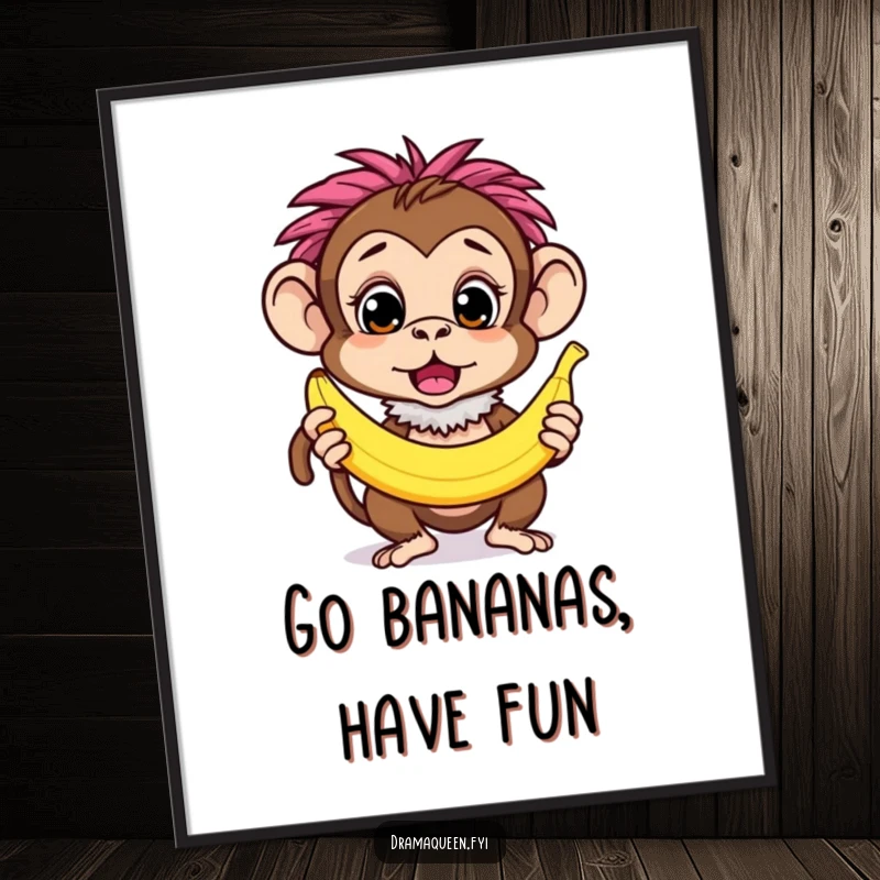 Funny Free Printable Wall Art: A curious monkey wearing a feathery boa looks surprised holding a banana, adding humor.