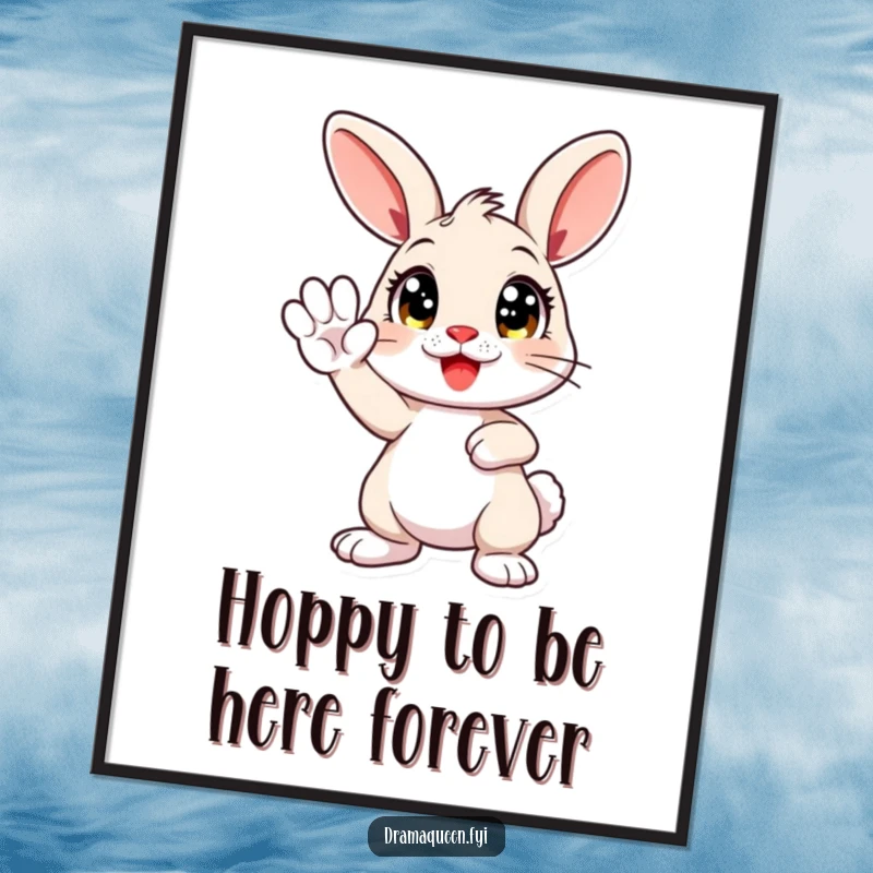 Funny Free Printable Bunny Pose Wall Art: A cute bunny with wide eyes striking a dramatic pose, paw held high. Quirky downloadable art.