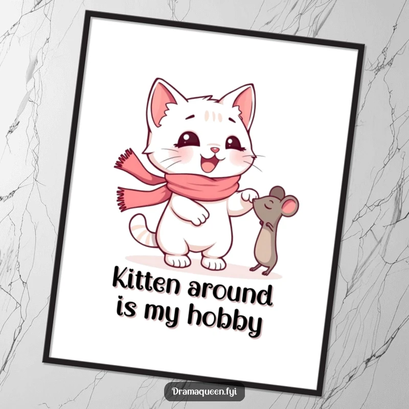 Funny Free Printable Wall Art: A kitten in a pink scarf, intensely reaching for a toy mouse with dramatic flair.