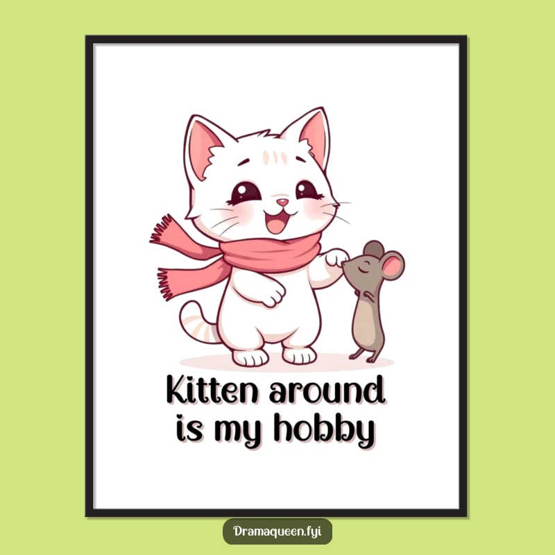 Free Printable Kitten Wall Art: Funny Scarf Cat Toy Chase Poster Downloadable Decor