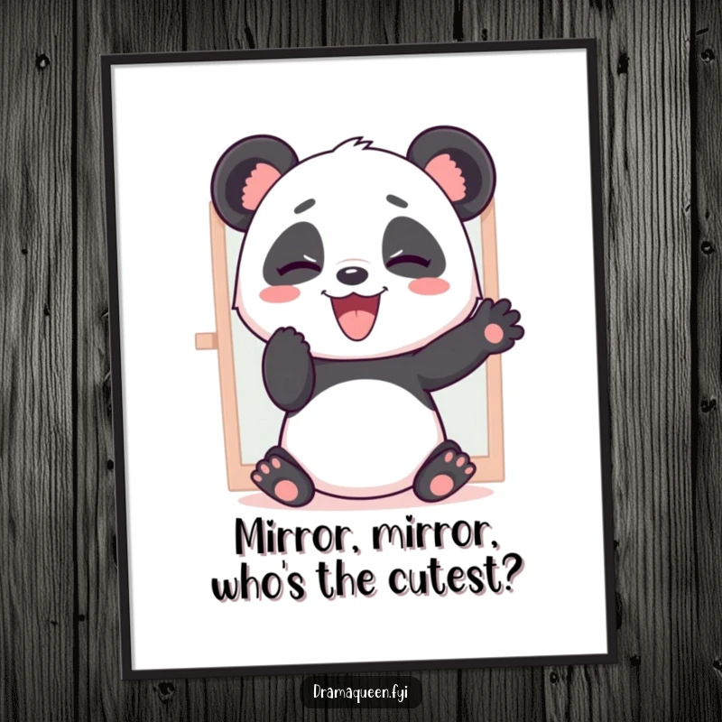 Funny Free Printable Wall Art: A cute panda giggles while practicing theatrical poses in front of a mirror.