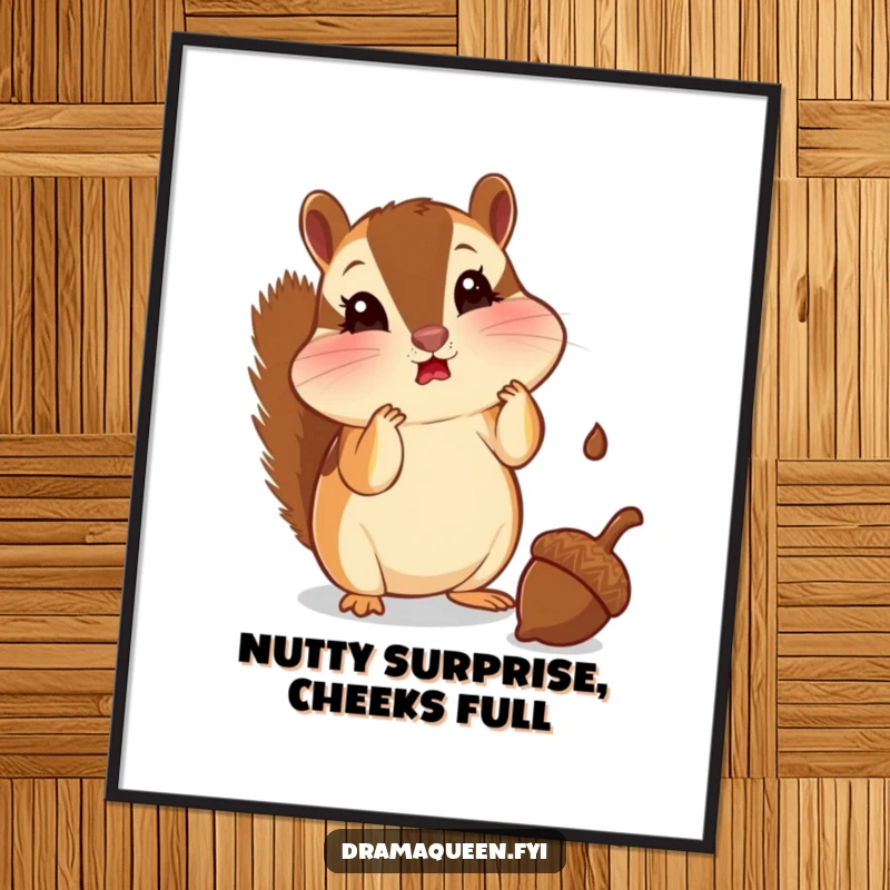 Funny Free Printable Wall Art: A curious chipmunk with puffed cheeks gazing in shock at a falling acorn, mid-surprise.