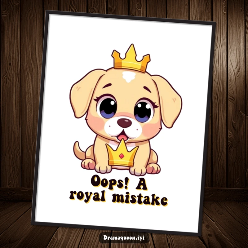 Funny Free Printable Wall Art: Surprised puppy dropping a tiny crown, eyes wide and expressive.