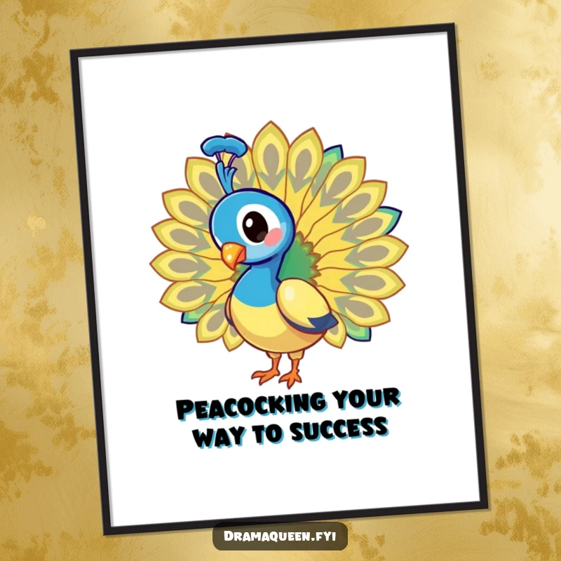 Funny Free Printable Wall Art: A vibrant peacock enthusiastically fans its spectacular, iridescent tail feathers.