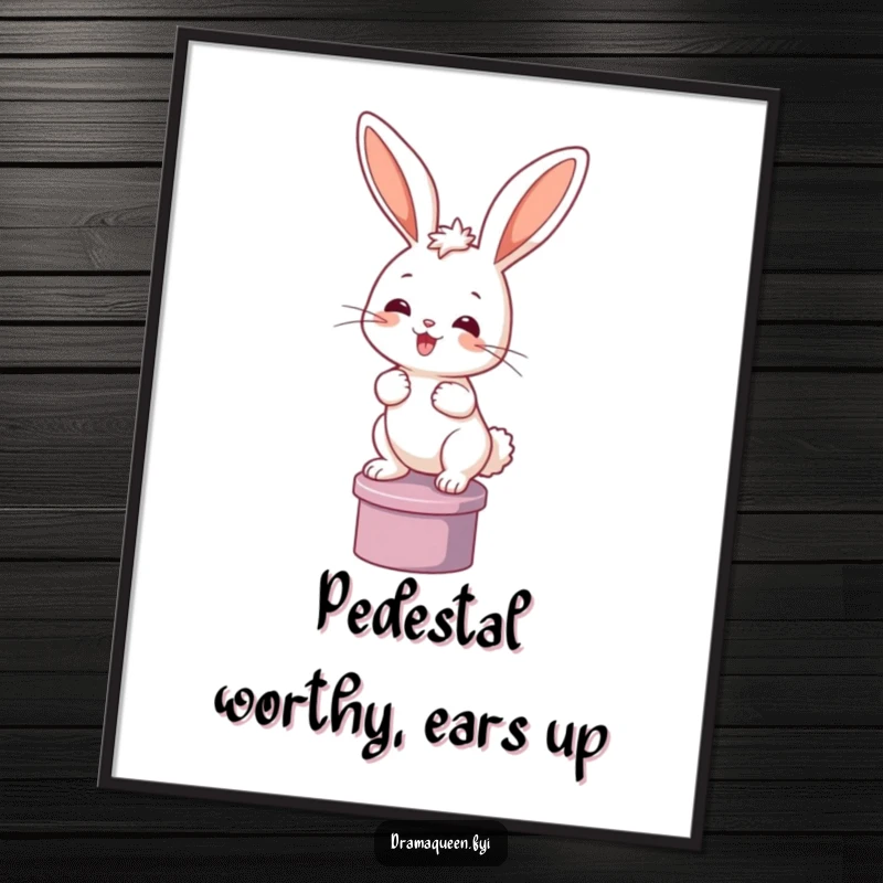 Funny Free Printable Wall Art: A happy bunny with perked ears striking a dramatic pose on a small pedestal, commanding attention.