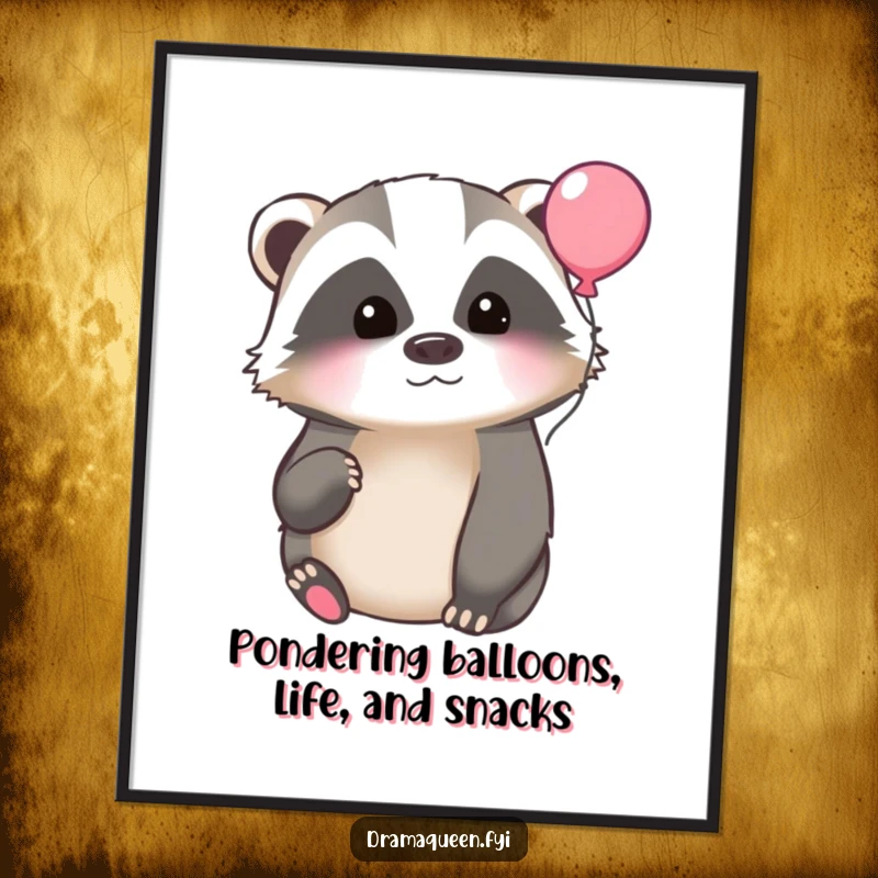Funny Free Printable Badger Wall Art: A badger with a faraway look gazes at a single floating balloon, evoking introspection.