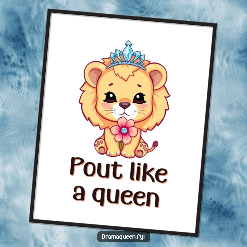 Funny Free Printable Wall Art: A cute lion cub wearing a tiara pouts dramatically with a flower, exuding royal humor.