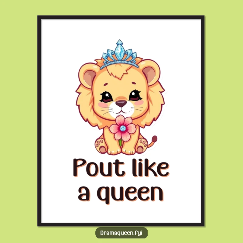 Funny Free Printable Wall Art: Pouting Lion Cub, Sparkling Tiara, Humorous Downloadable Decor