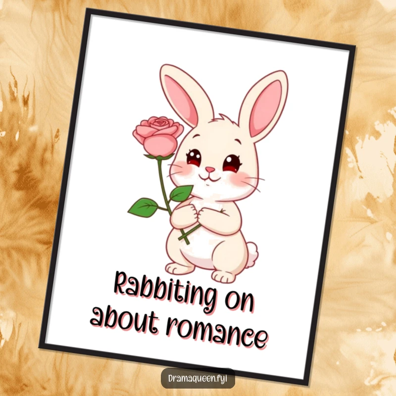 Funny Free Printable Wall Art: A cheerful rabbit holding a large rose, posing coyly with a sweet, bashful expression.