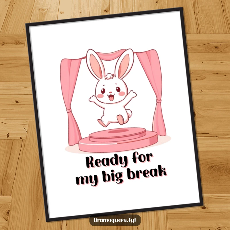 Funny Free Printable Wall Art: A playful bunny leaps onto a small stage, ready for applause.