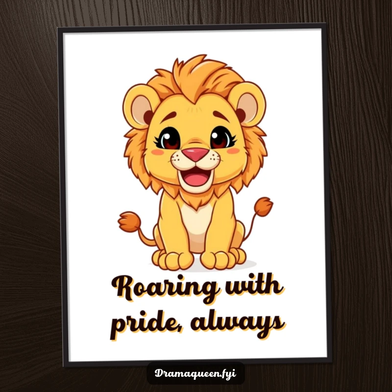 Funny Free Printable Wall Art: A cute lion cub strikes a regal pose with a charming, mischievous grin.