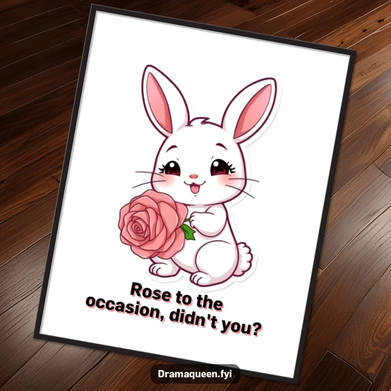 Funny Free Printable Wall Art: A cheerful rabbit holding a large rose with a coy expression, charming wall art.