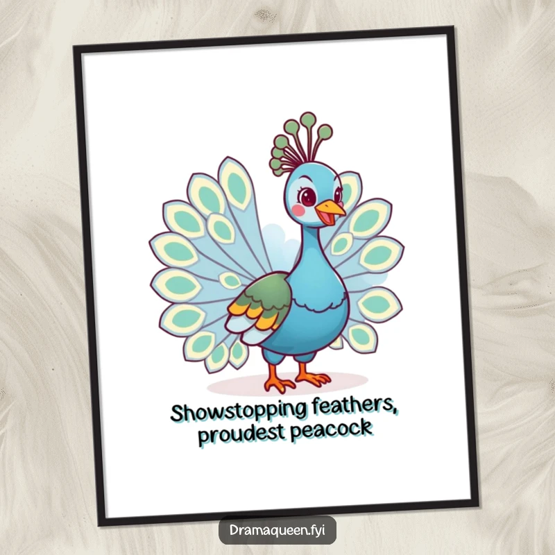 Funny Free Printable Wall Art: A regal peacock with a big grin fans its dazzlingly colorful tail feathers.