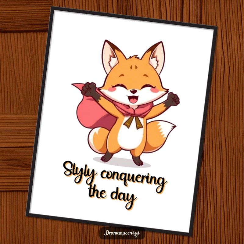 Funny Free Printable Wall Art: A joyful fox in a flowing cape striking a triumphant, heroic pose.
