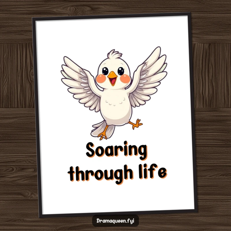 Funny free printable wall art of a cheerful bird dramatically posing mid-flight with wings spread wide, capturing pure joy.