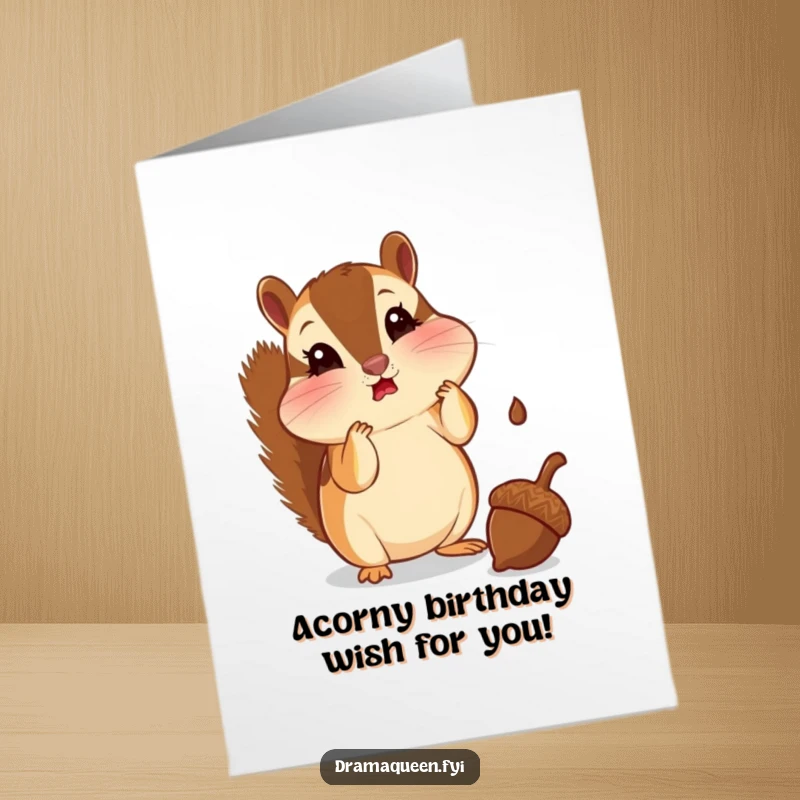 Funny Free Printable Birthday Card: A curious chipmunk with puffed cheeks looking shocked at a falling acorn.
