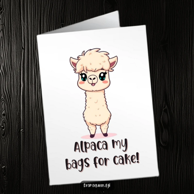 Funny Free Printable Birthday Card: Dramatic Alpaca posing regally with a massive fluffy mane, ready to party.