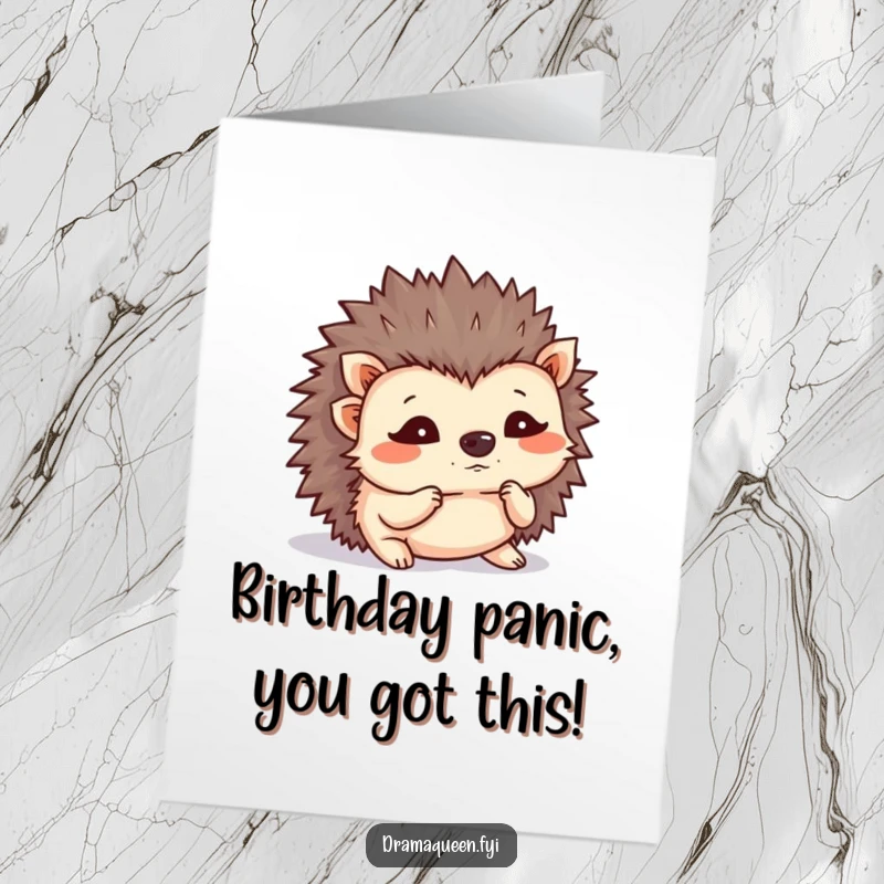 Funny Free Printable Birthday Card A tiny hedgehog with a flustered expression shaking its quills in birthday excitement.
