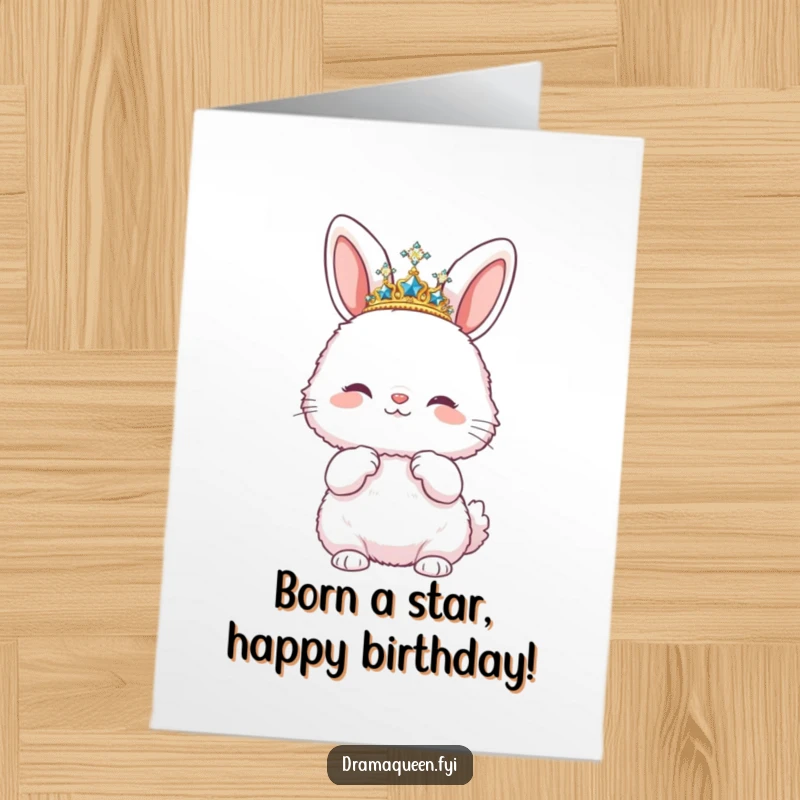 Funny Free Printable Birthday Card: A fluffy bunny wearing a sparkly tiara and striking a pose, looking like royalty ready for attention.