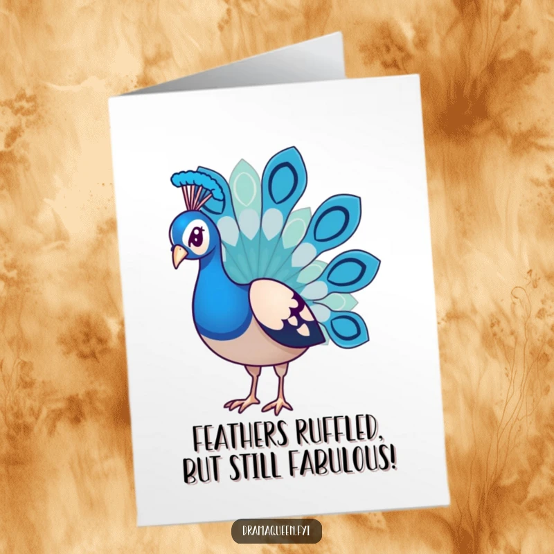 Funny Free Printable Birthday Card: Sad peacock with droopy feathers striking a pose, making a hilarious greeting.
