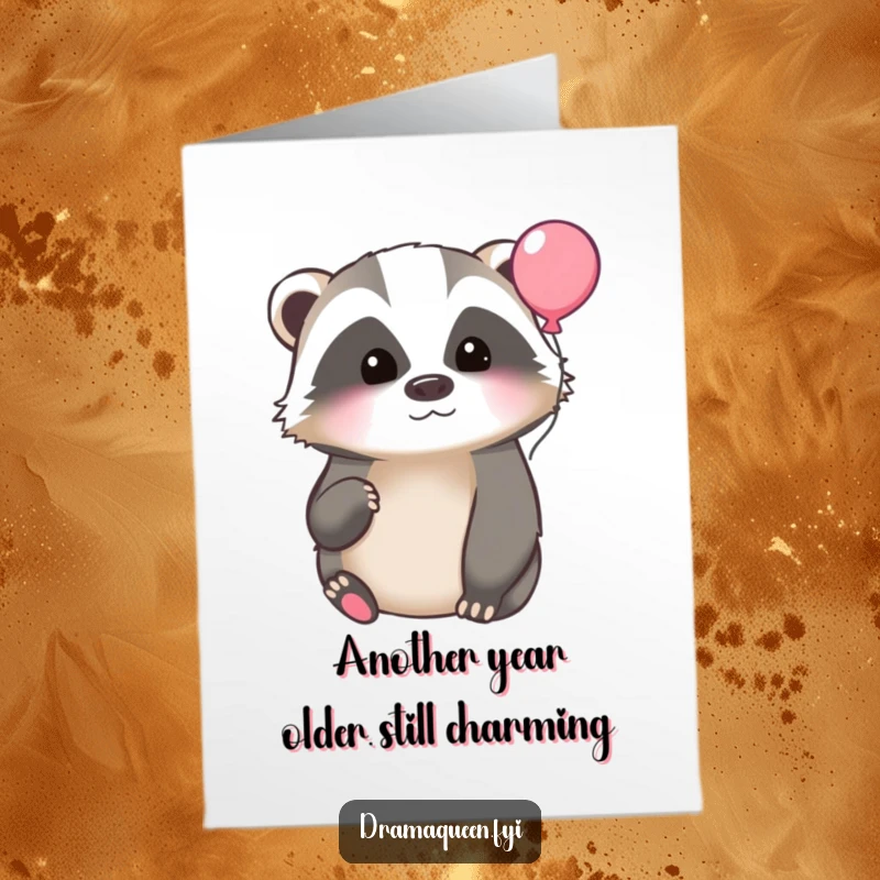 Funny Free Printable Badger Birthday Card: A pensive badger gazes at a floating balloon, capturing a moment of quiet contemplation.