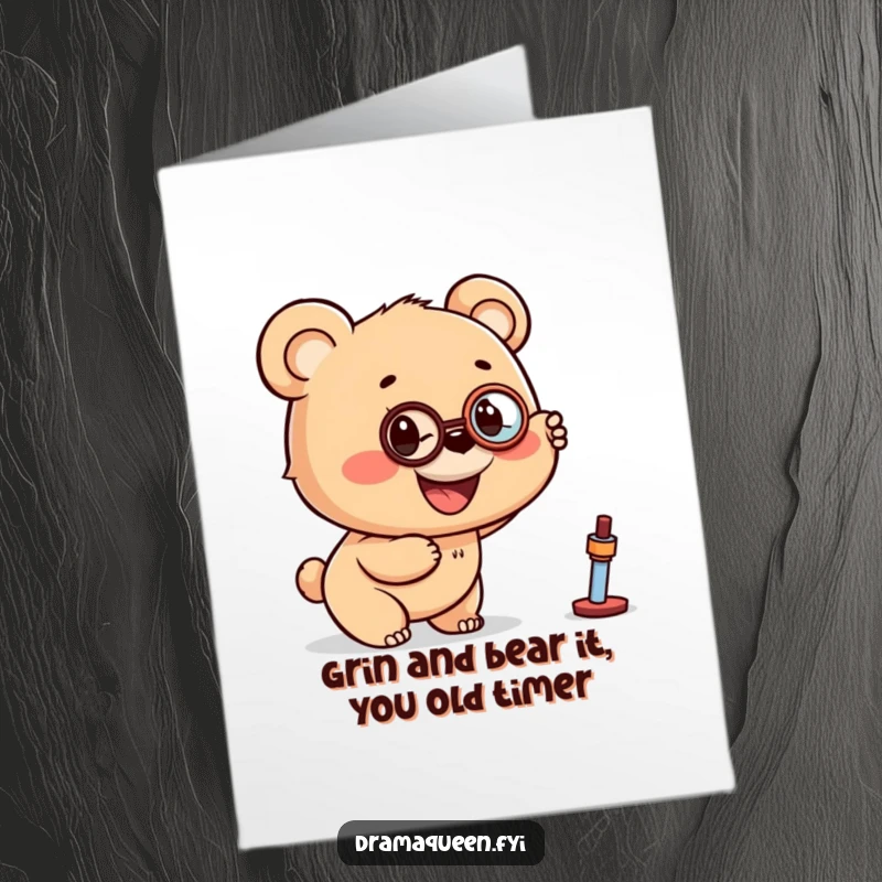 Funny Free Printable Birthday Card: Smiling bear cub wearing a monocle points excitedly at something off-card.