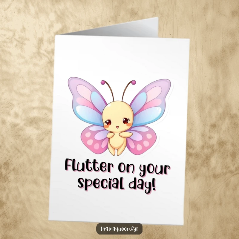 Funny Free Printable Birthday Card: A butterfly with giant, ornate wings poses dramatically suspended in the air.