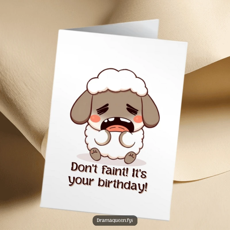 Funny Free Printable Birthday Card featuring a humorous sheep character dramatically pretending to faint with an exaggerated, comical expression.