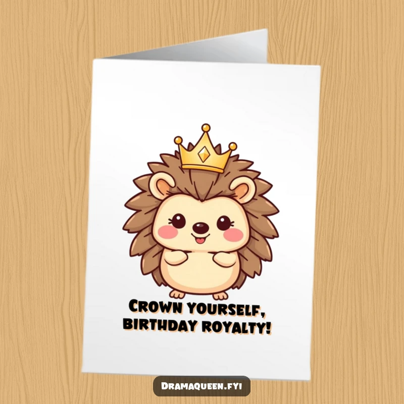 Funny Free Printable Birthday Card: A happy hedgehog wearing a tiny, sparkling crown sits regally, ready for celebration.