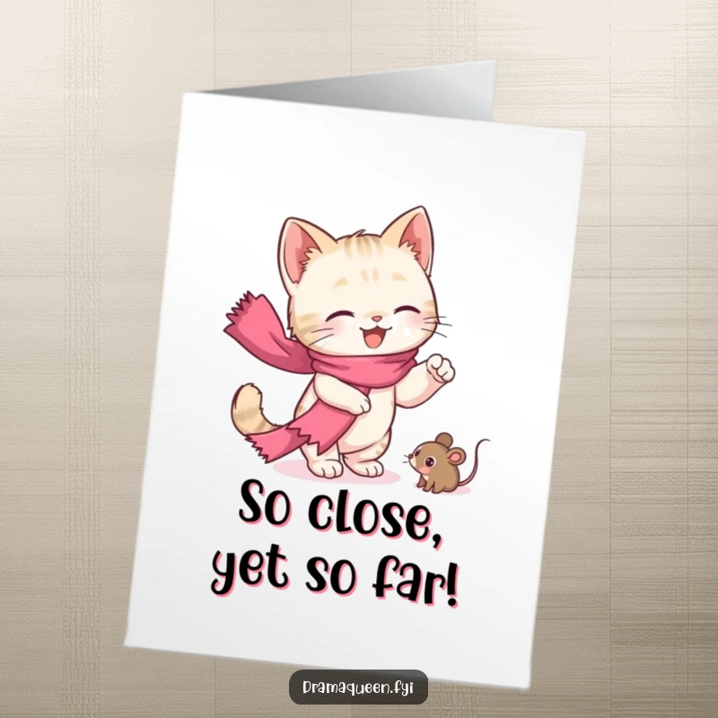 Funny Free Printable Birthday Card: Kitten in pink scarf dramatically reaching for a toy mouse, a delightful DIY gift.
