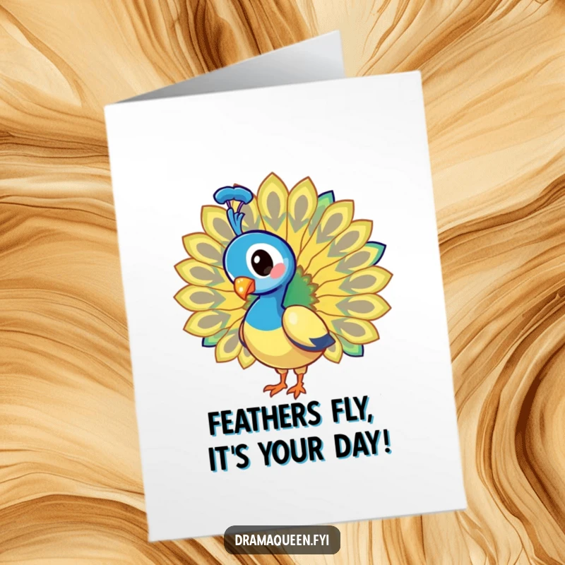 Funny Free Printable Birthday Card: Peacock showing off dazzling tail feathers with a proud, flamboyant flourish.