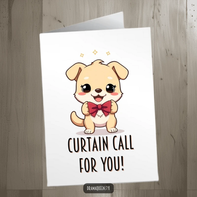 Funny Free Printable Birthday Card: A happy dog performing a dramatic theatrical bow with a wide, gleeful smile. A performance of joy.