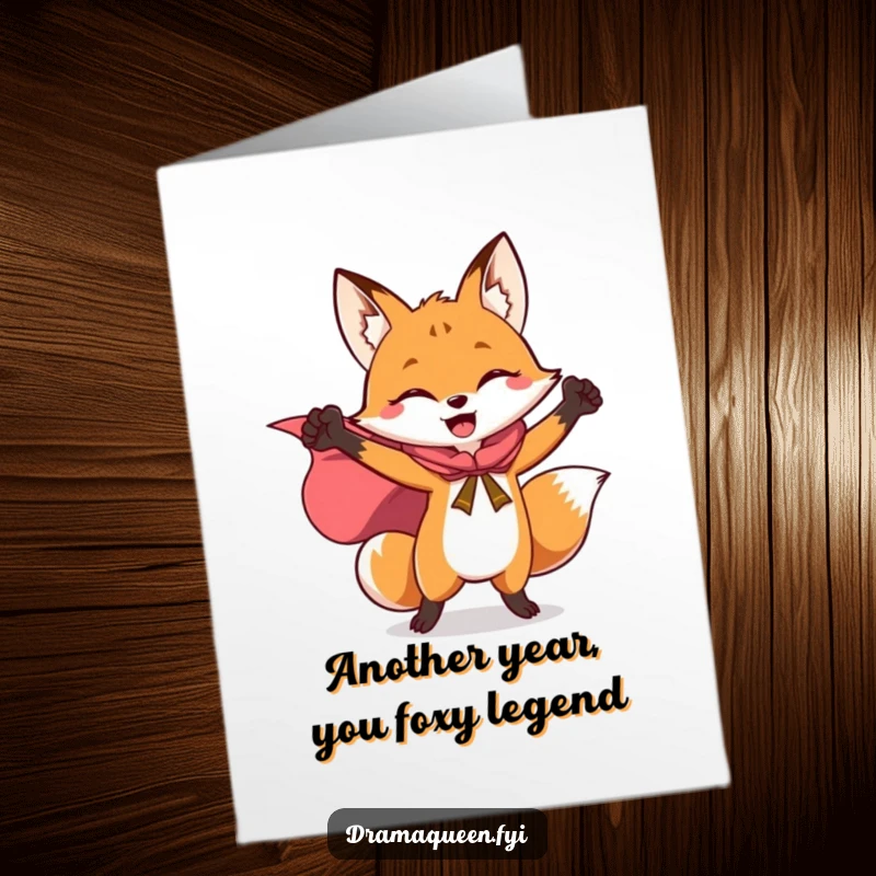 Funny Free Printable Birthday Card: Joyful fox in a flowing cape strikes a triumphant pose, ready for celebration.