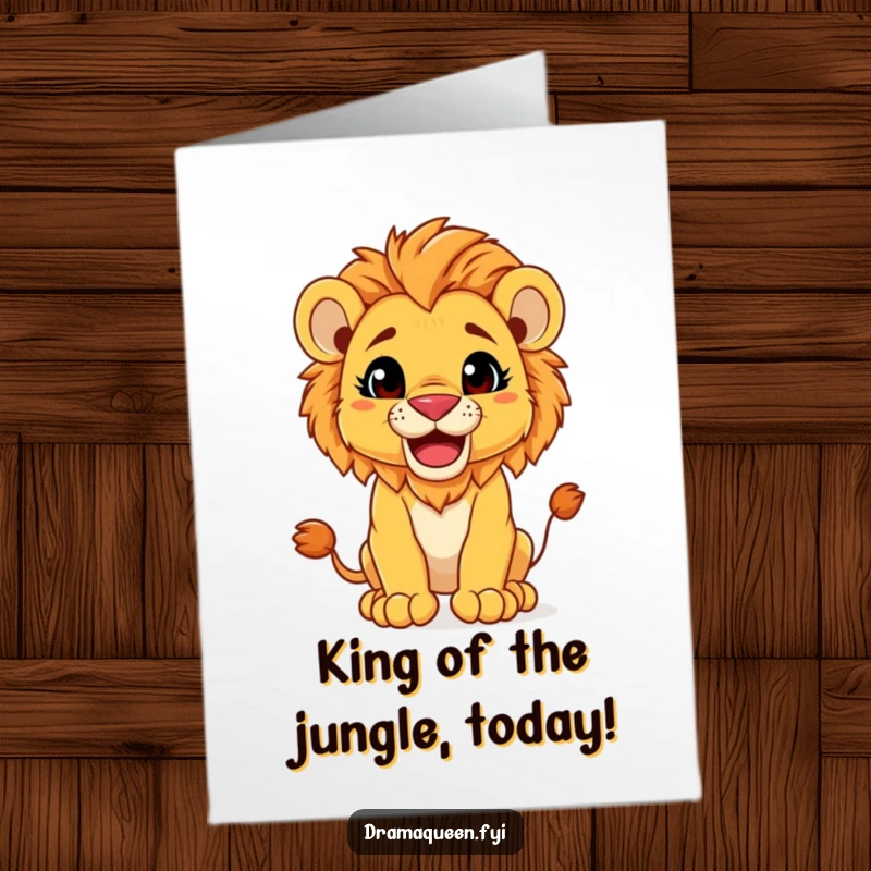 Funny Free Printable Birthday Card: A cute lion cub sits regally, grinning playfully with a tiny crown.