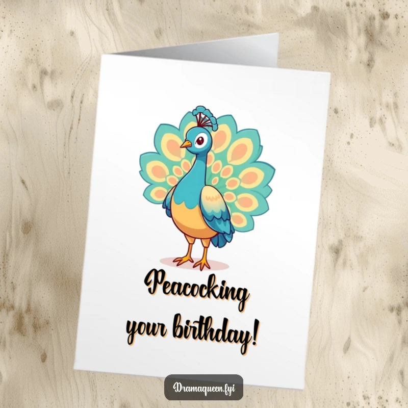 Funny Free Printable Birthday Card: A proud peacock unfurls its magnificent, shimmering tail feathers with a flourish.