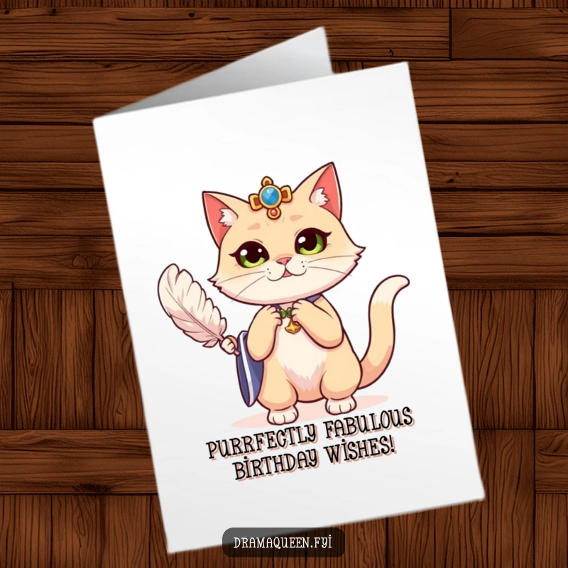 Funny Free Printable Birthday Card: A regal cat dramatically fans herself with a feather, looking utterly fabulous.