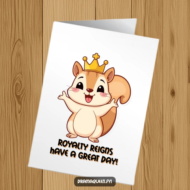 Funny Free Printable Birthday Card: A cheerful squirrel with a tiny crown gestures grandly, exuding royal birthday wishes.