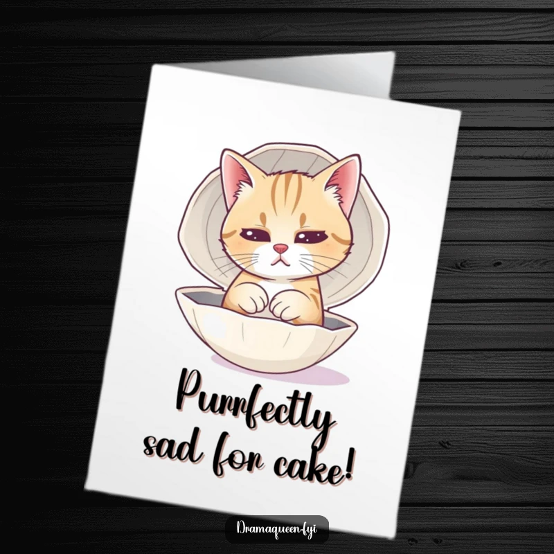 Funny Free Printable Birthday Card: A cat practicing a sad face in a shiny seashell, ready for a dramatic birthday wish.