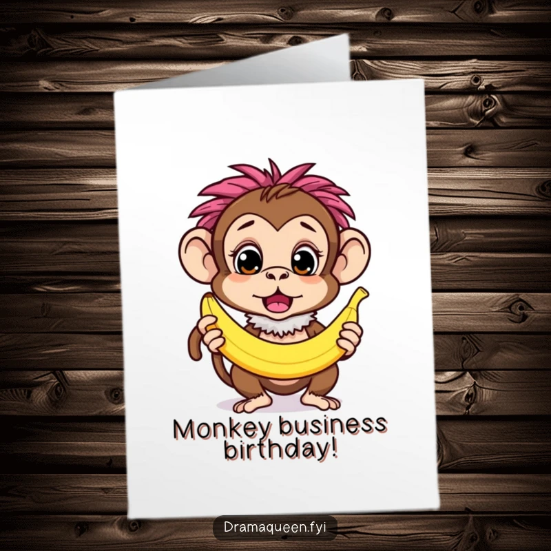 Funny Free Printable Birthday Card: Curious monkey in a boa looks surprised holding a banana, ready for birthday fun.