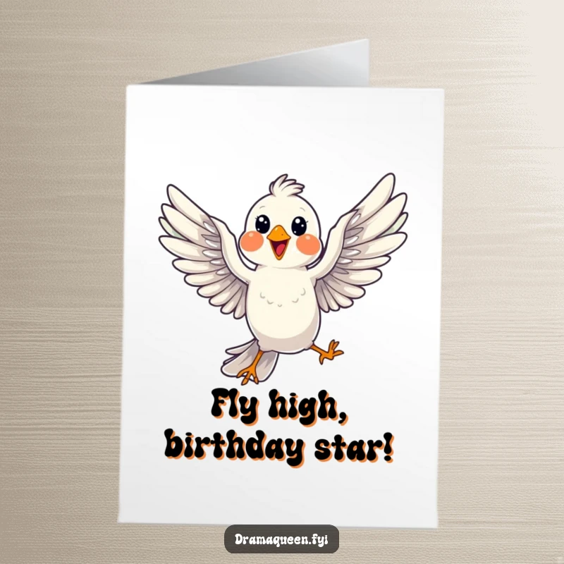 Funny free printable birthday card of a cheerful bird dramatically posing mid-flight with wings spread wide in celebration.