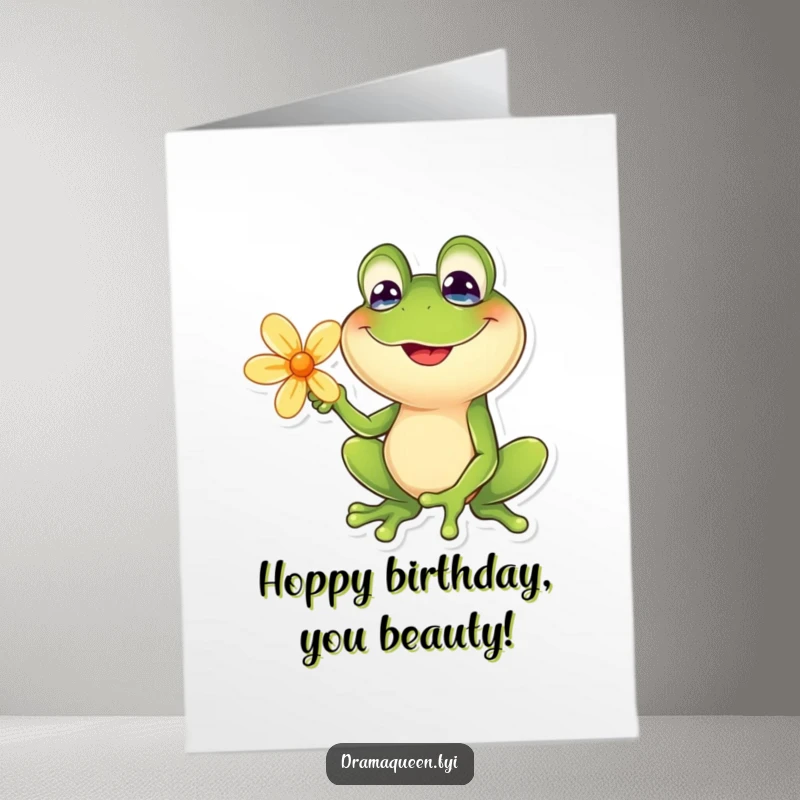 Funny Free Printable Birthday Card: A joyful frog with a goofy smile dramatically posing with a flower.