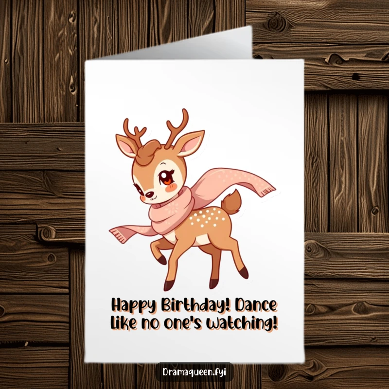 Funny free printable birthday card: A graceful deer with a gentle smile twirls joyfully, scarf shimmering, celebrating a birthday in style.