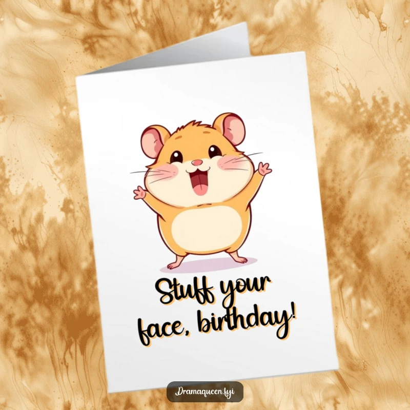 Funny free printable birthday card of a happy hamster striking a dramatic pose with comically puffed-out cheeks.