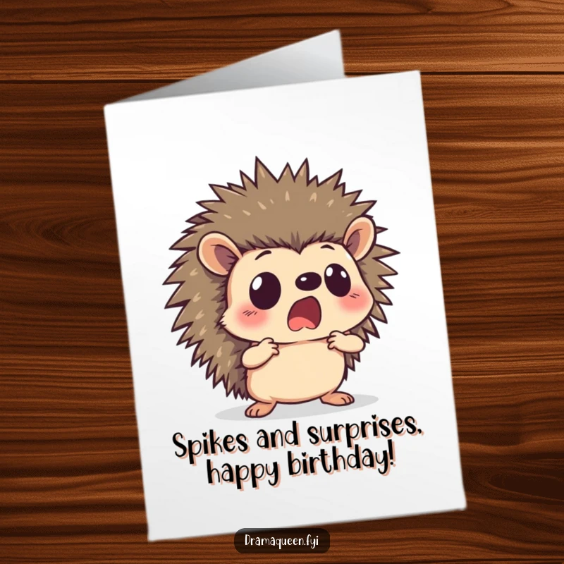 Funny free printable hedgehog birthday card, striking a dramatic pose with a shocked face, ready for birthday surprises.